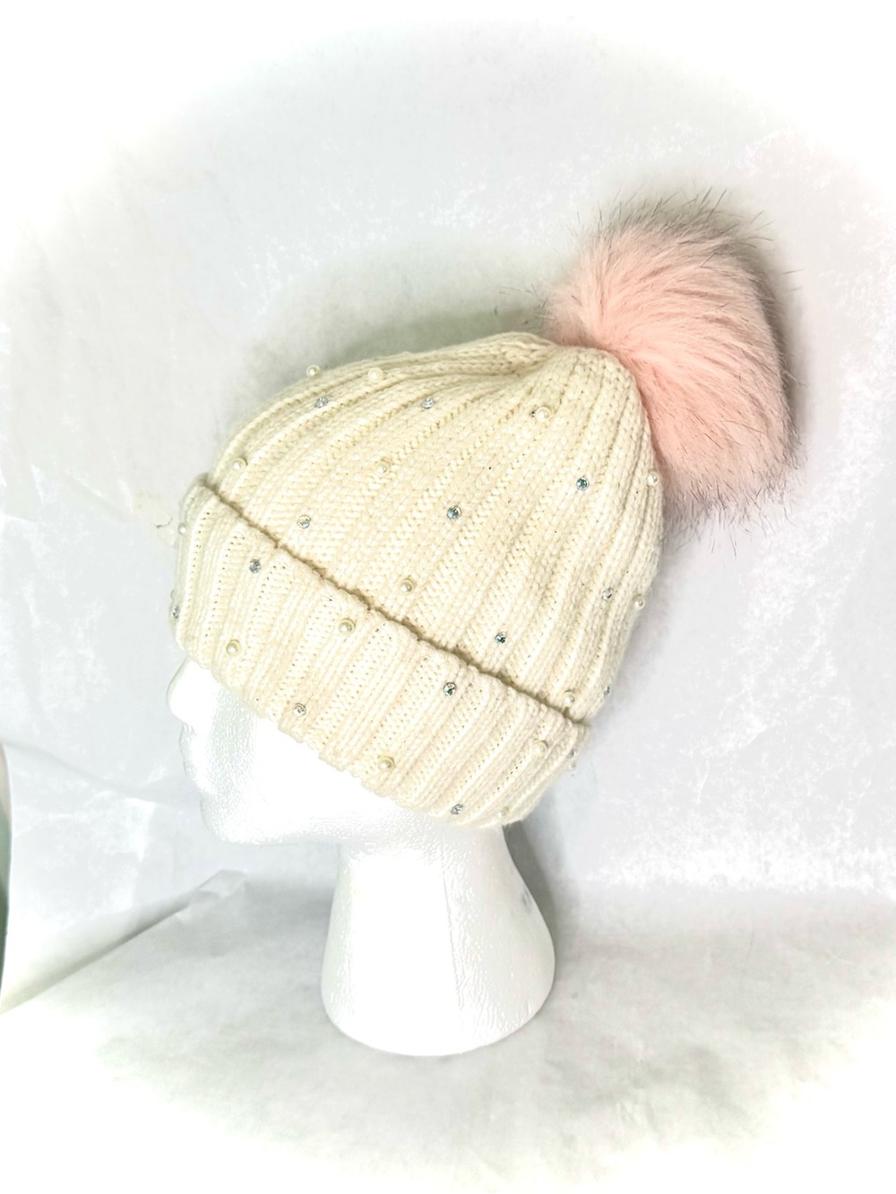 Faux Pearl and Sequins Beanie Hat W/ Pink PomPom